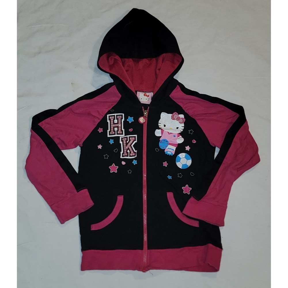 Hello Kitty Girls Hoodie Black/Pink Zip Up Jacket Size 7/8 Sanrio Lightweight